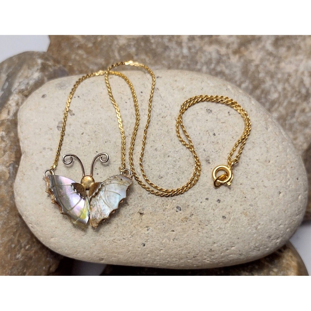 Vintage Butterfly Necklace Abalone Shell - Picture 10 of 11